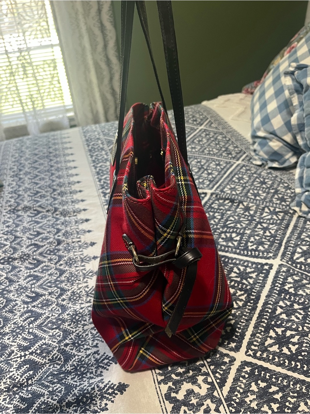 Dooney & Bourke Red TartanTote with Black Leather Handles (Some Interior Marks) - Picture 4 of 16